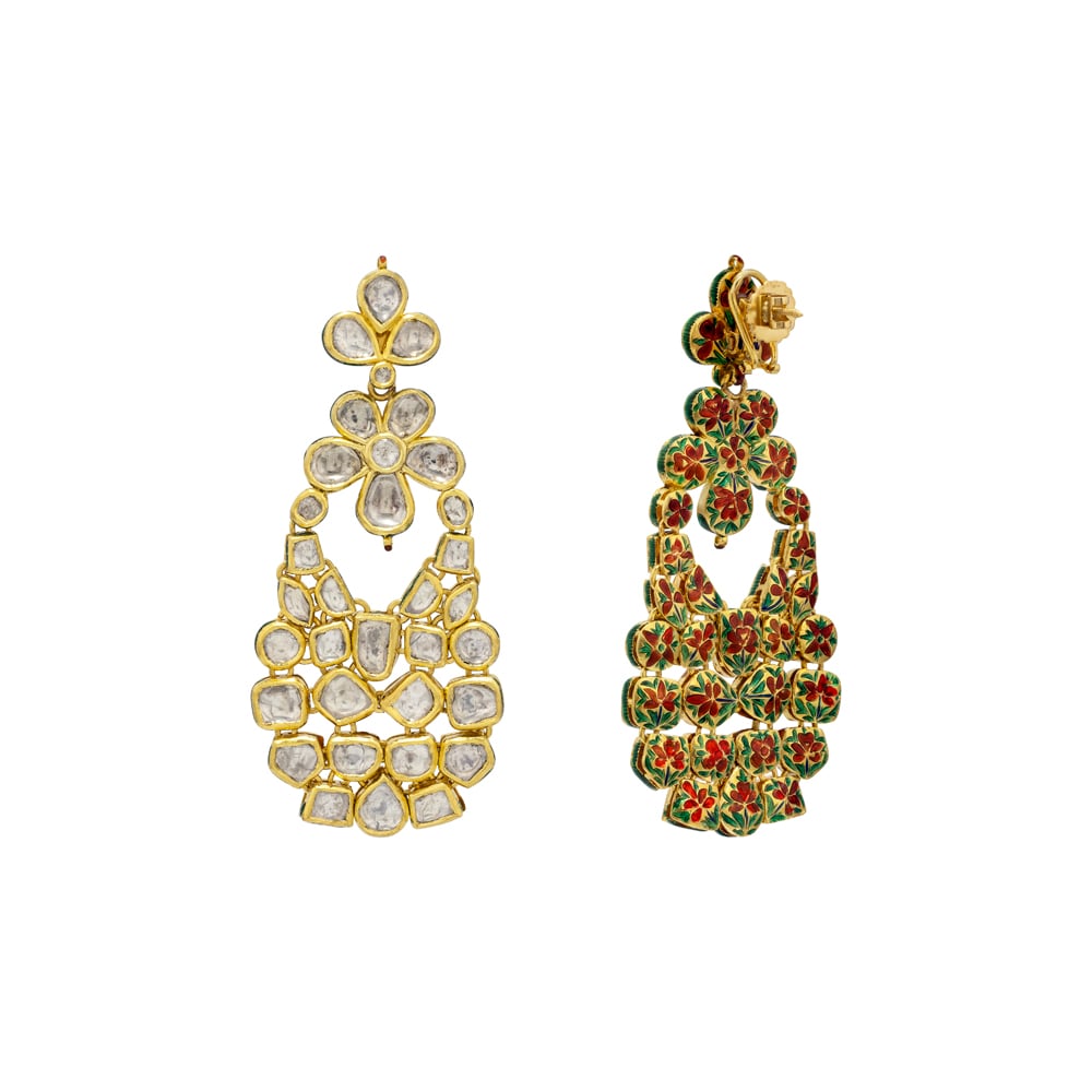 Floral Cascade Earrings with Polki & Gold Detailing